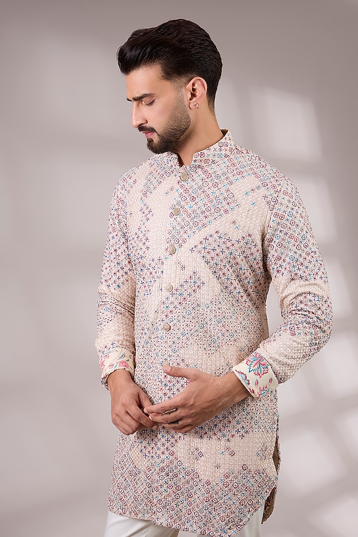 White Chanderi & Satin Kurta Set by ARJAN DUGAL at Pernia's Pop Up Shop