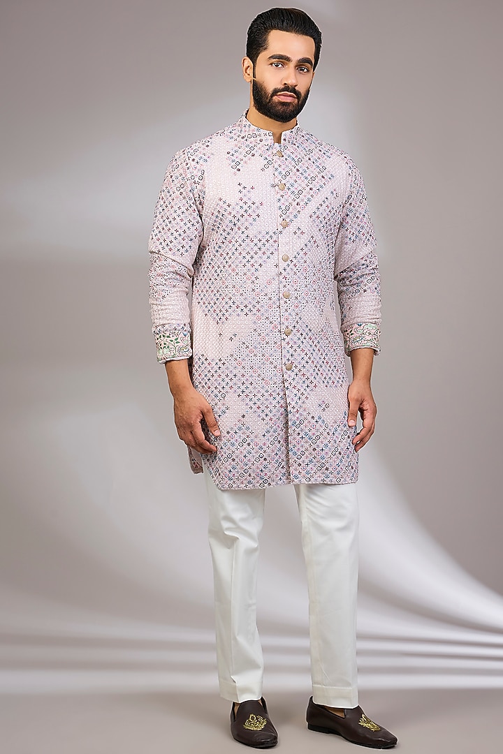 Powder Pink Georgette & Satin Kurta Set by ARJAN DUGAL at Pernia's Pop Up Shop