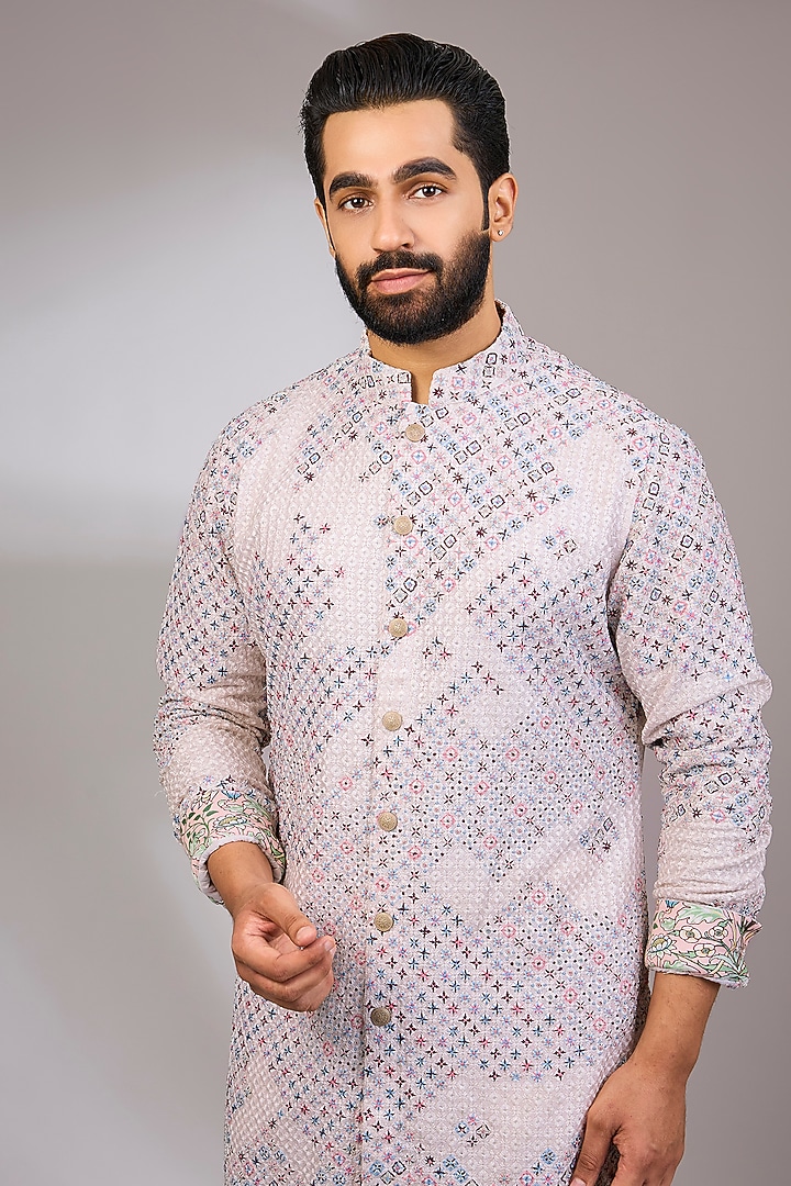 Powder Pink Georgette & Satin Kurta Set by ARJAN DUGAL at Pernia's Pop Up Shop