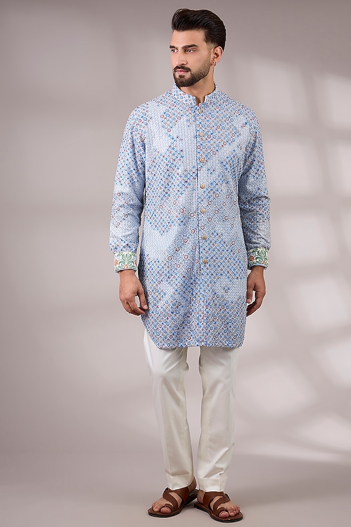 Powder Blue Georgette & Satin Kurta Set by ARJAN DUGAL at Pernia's Pop Up Shop