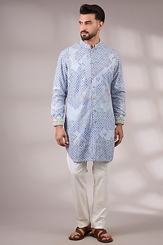 Powder Blue Georgette & Satin Kurta Set by ARJAN DUGAL