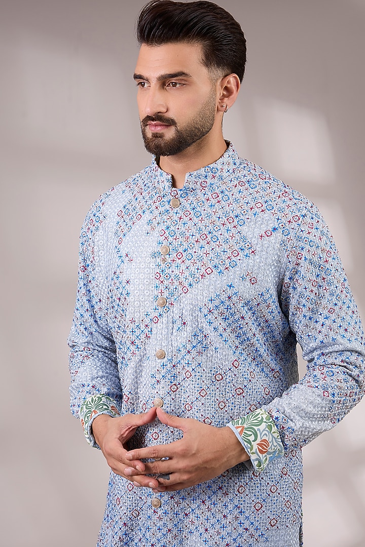 Powder Blue Georgette & Satin Kurta Set by ARJAN DUGAL at Pernia's Pop Up Shop