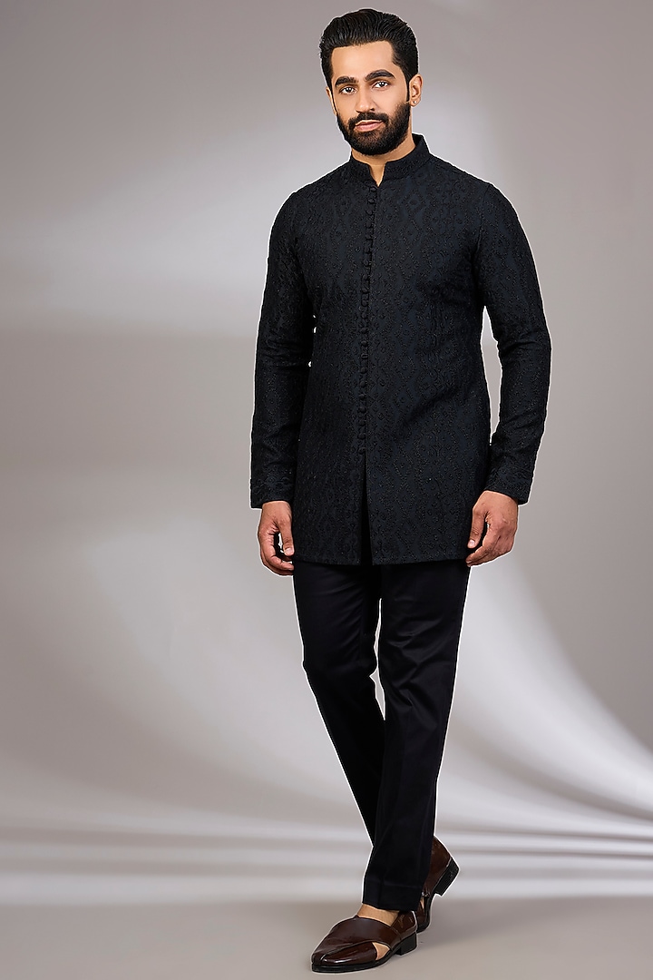 Black Georgette & Satin Kurta Set by ARJAN DUGAL at Pernia's Pop Up Shop
