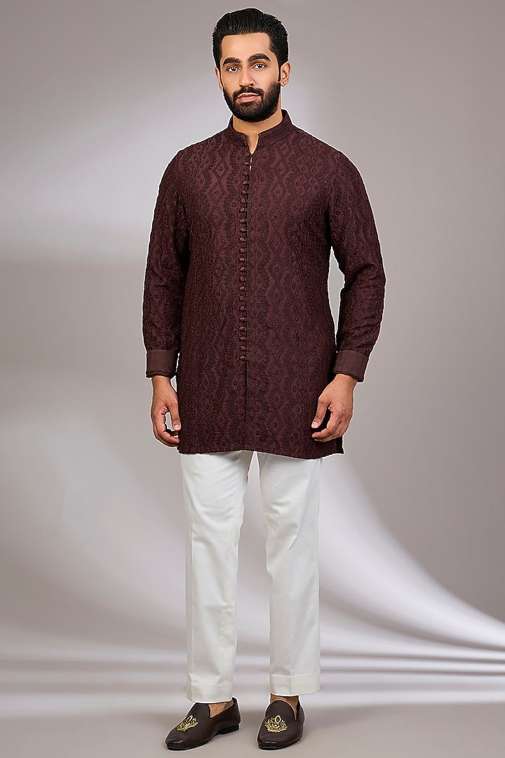 Espresso-Colored Georgette & Satin Kurta Set by ARJAN DUGAL at Pernia's Pop Up Shop
