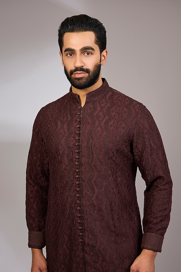 Espresso-Colored Georgette & Satin Kurta Set by ARJAN DUGAL at Pernia's Pop Up Shop