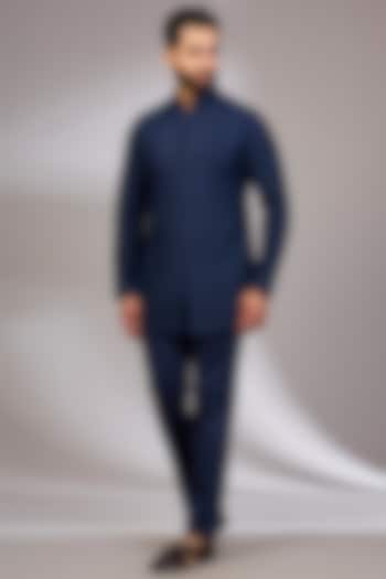 Navy Blue Georgette & Satin Kurta Set by ARJAN DUGAL at Pernia's Pop Up Shop