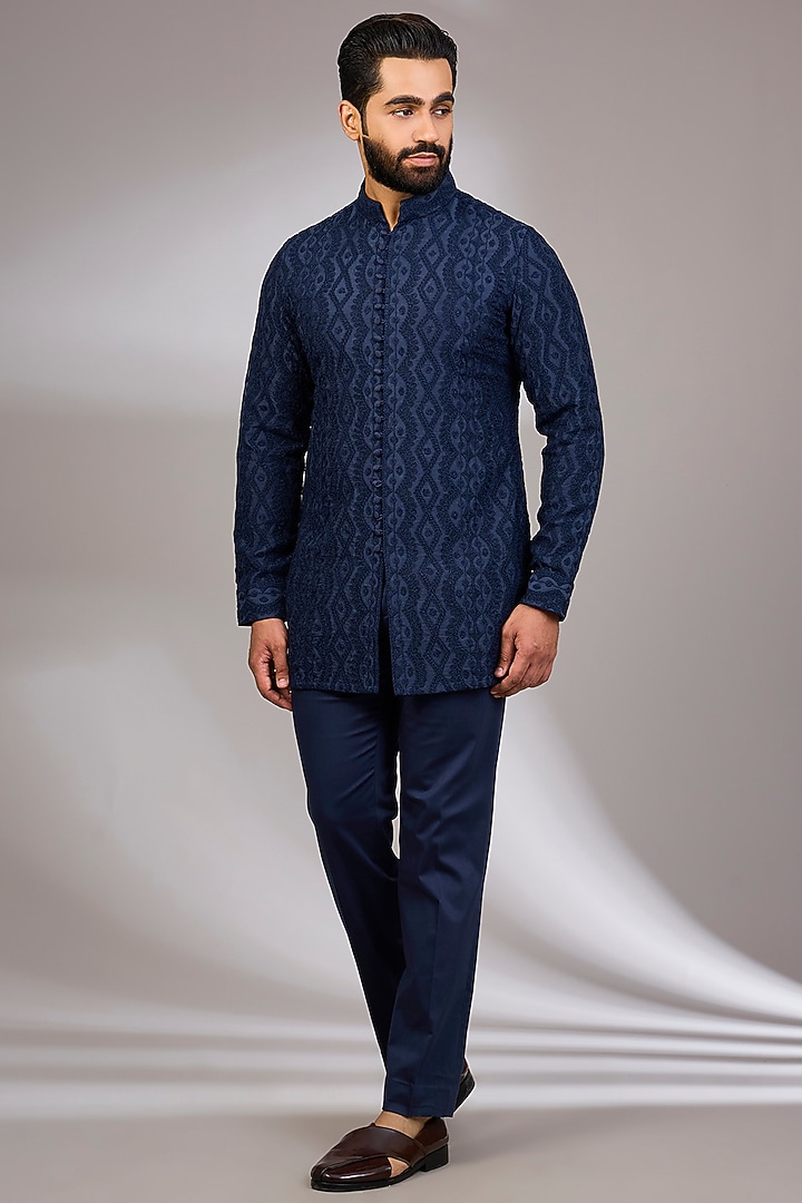 Navy Blue Georgette & Satin Kurta Set by ARJAN DUGAL at Pernia's Pop Up Shop