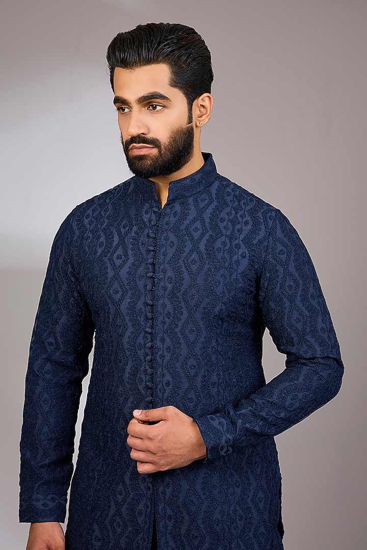 Navy Blue Georgette & Satin Kurta Set by ARJAN DUGAL at Pernia's Pop Up Shop