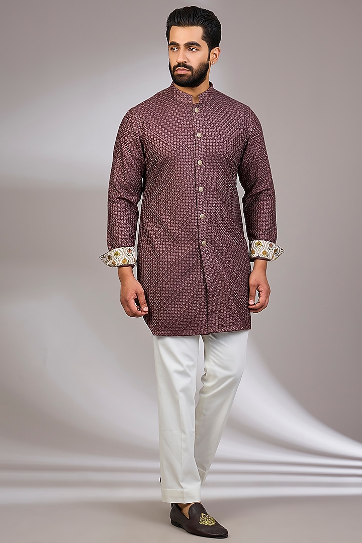 Espresso-Colored Georgette & Satin Kurta Set by ARJAN DUGAL at Pernia's Pop Up Shop