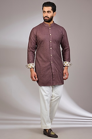 Espresso-Colored Georgette & Satin Kurta Set by ARJAN DUGAL