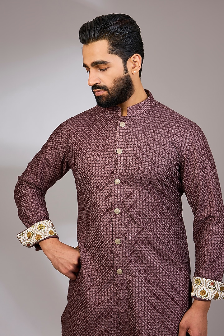 Espresso-Colored Georgette & Satin Kurta Set by ARJAN DUGAL at Pernia's Pop Up Shop