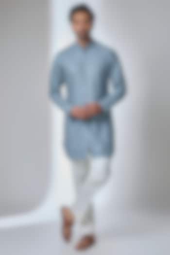 Muted Blue Chanderi Printed Kurta Set by ARJAN DUGAL at Pernia's Pop Up Shop