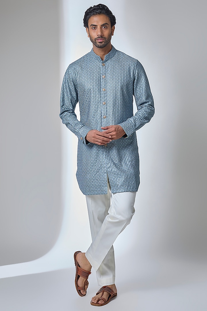 Muted Blue Chanderi Printed Kurta Set by ARJAN DUGAL at Pernia's Pop Up Shop