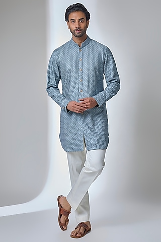 Muted Blue Chanderi Printed Kurta Set by ARJAN DUGAL