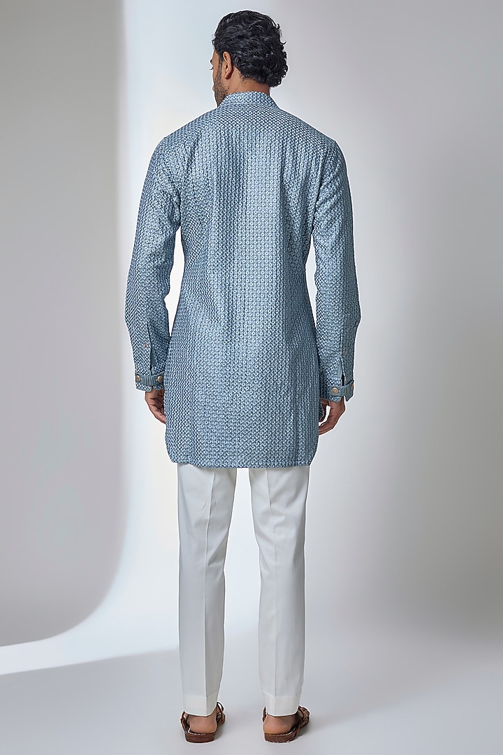 Muted Blue Chanderi Printed Kurta Set by ARJAN DUGAL at Pernia's Pop Up Shop