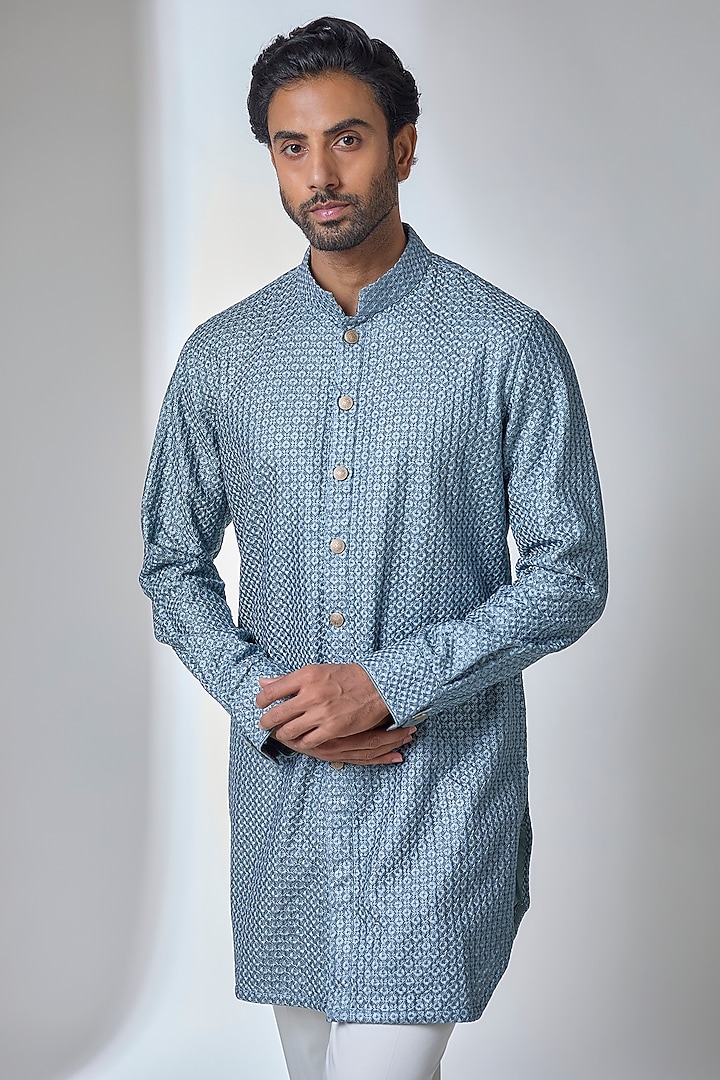 Muted Blue Chanderi Printed Kurta Set by ARJAN DUGAL at Pernia's Pop Up Shop