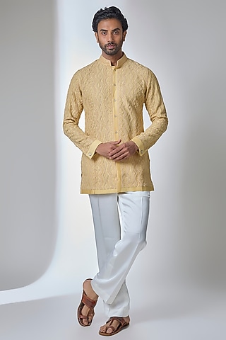 Butter Yellow Organza Dori Embroidered Kurta Set by ARJAN DUGAL