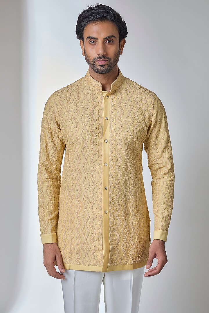 Butter Yellow Organza Dori Embroidered Kurta Set by ARJAN DUGAL at Pernia's Pop Up Shop