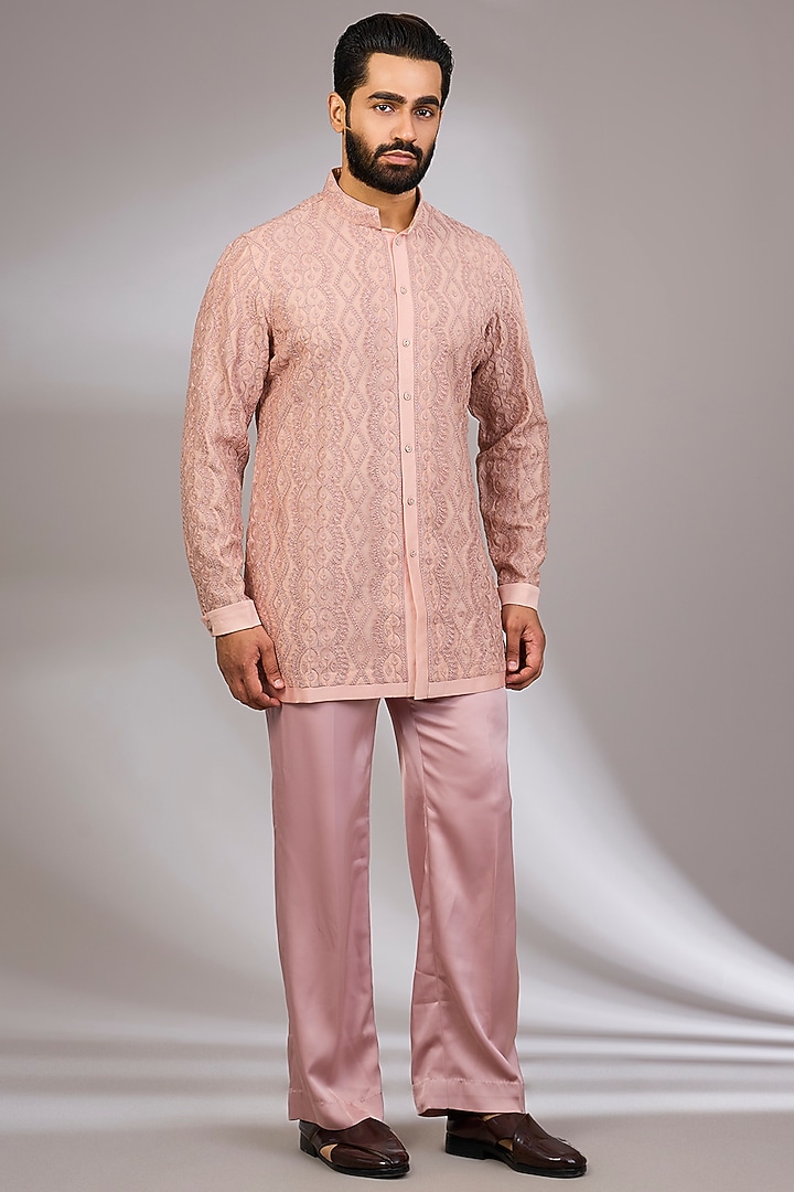 Pink Champagne Georgette & Satin Kurta Set by ARJAN DUGAL at Pernia's Pop Up Shop