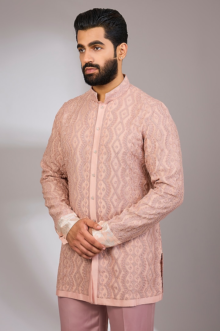 Pink Champagne Georgette & Satin Kurta Set by ARJAN DUGAL at Pernia's Pop Up Shop