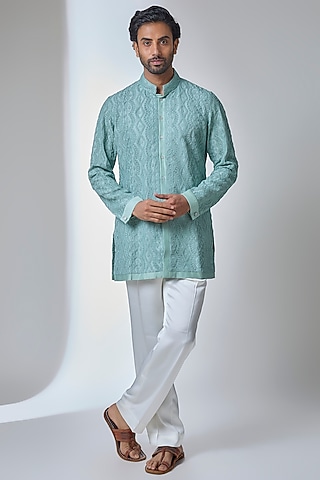 Ultra Marine Organza Dori Embroidered Kurta Set by ARJAN DUGAL
