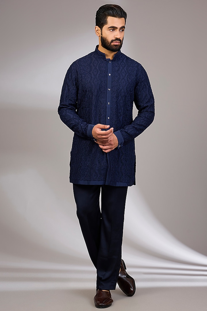 Navy Blue Georgette & Satin Kurta Set by ARJAN DUGAL at Pernia's Pop Up Shop