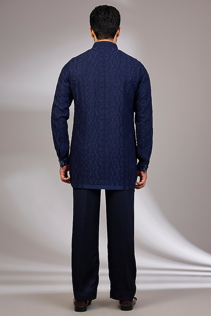 Navy Blue Georgette & Satin Kurta Set by ARJAN DUGAL at Pernia's Pop Up Shop