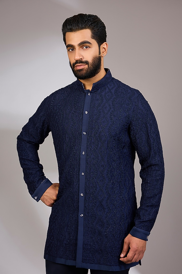 Navy Blue Georgette & Satin Kurta Set by ARJAN DUGAL at Pernia's Pop Up Shop