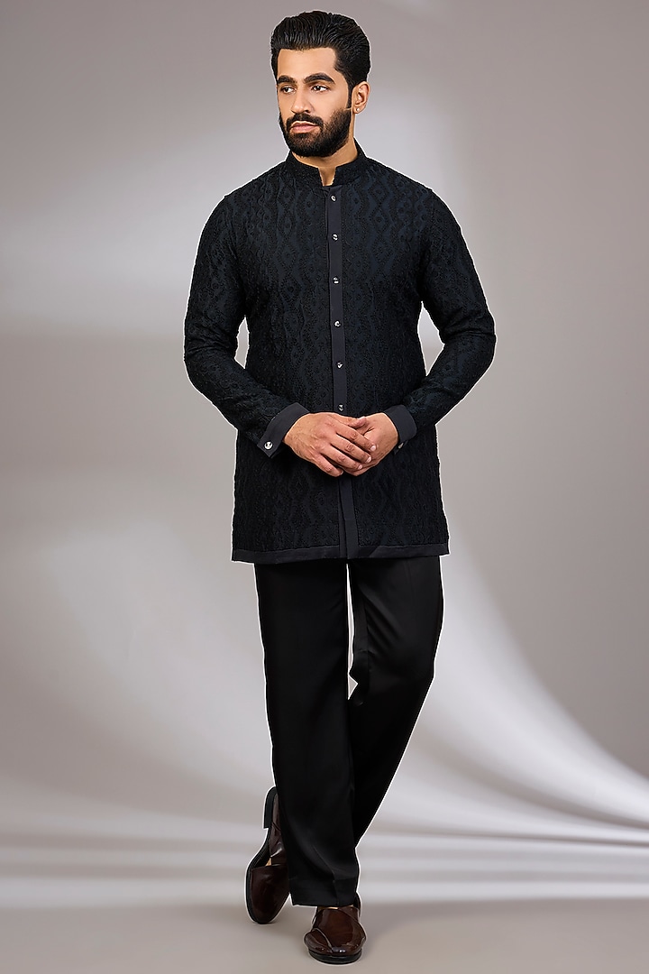 Black Georgette & Satin Kurta Set by ARJAN DUGAL at Pernia's Pop Up Shop