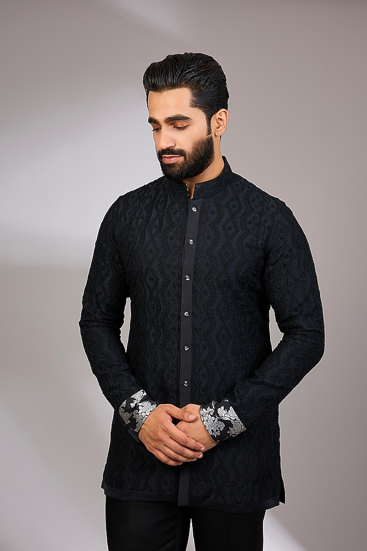 Black Georgette & Satin Kurta Set by ARJAN DUGAL at Pernia's Pop Up Shop