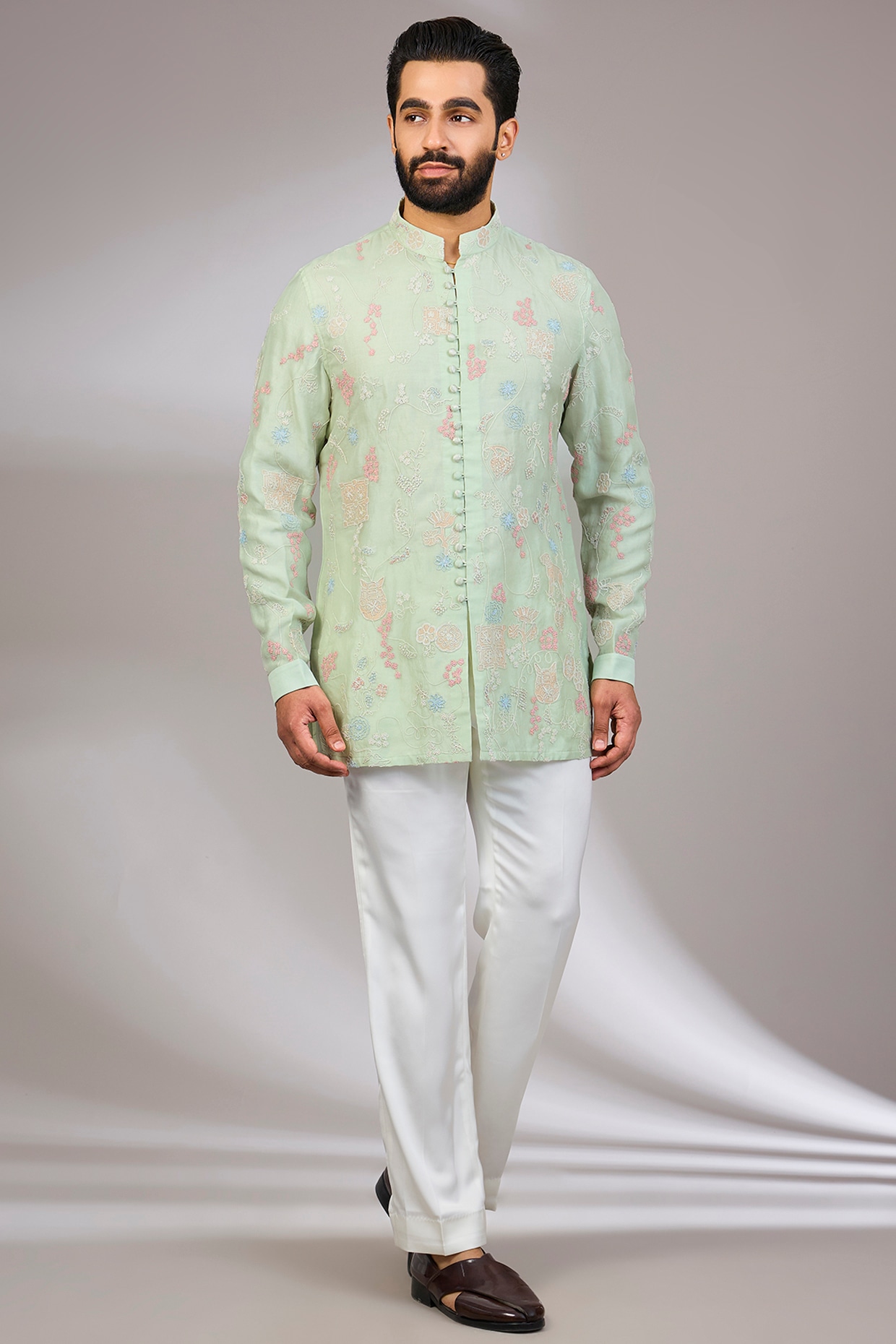 ARJAN DUGAL Sage Green Georgette & Satin Kurta Set
