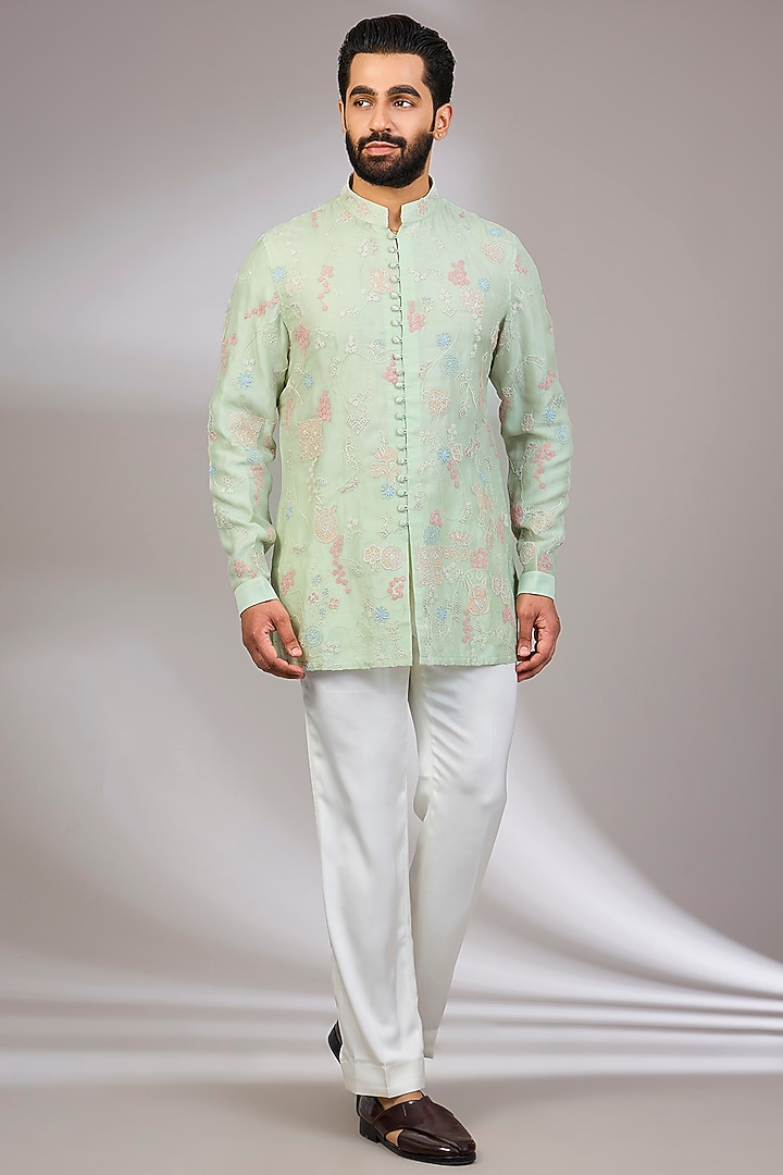 Sage Green Georgette & Satin Kurta Set by ARJAN DUGAL at Pernia's Pop Up Shop