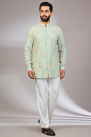 Sage Green Georgette & Satin Kurta Set by ARJAN DUGAL