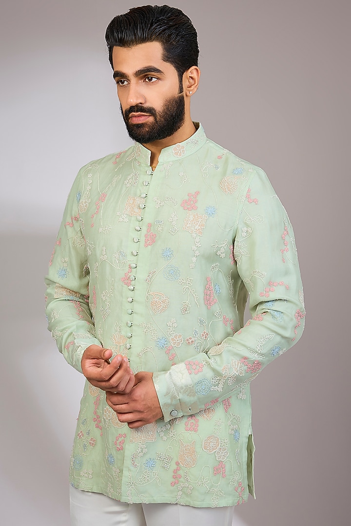 Sage Green Georgette & Satin Kurta Set by ARJAN DUGAL at Pernia's Pop Up Shop