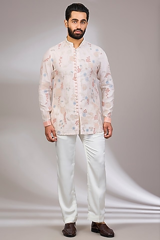 Powder Pink Georgette & Satin Kurta Set by ARJAN DUGAL