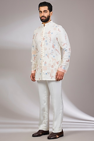 Off-White Georgette & Satin Kurta Set by ARJAN DUGAL