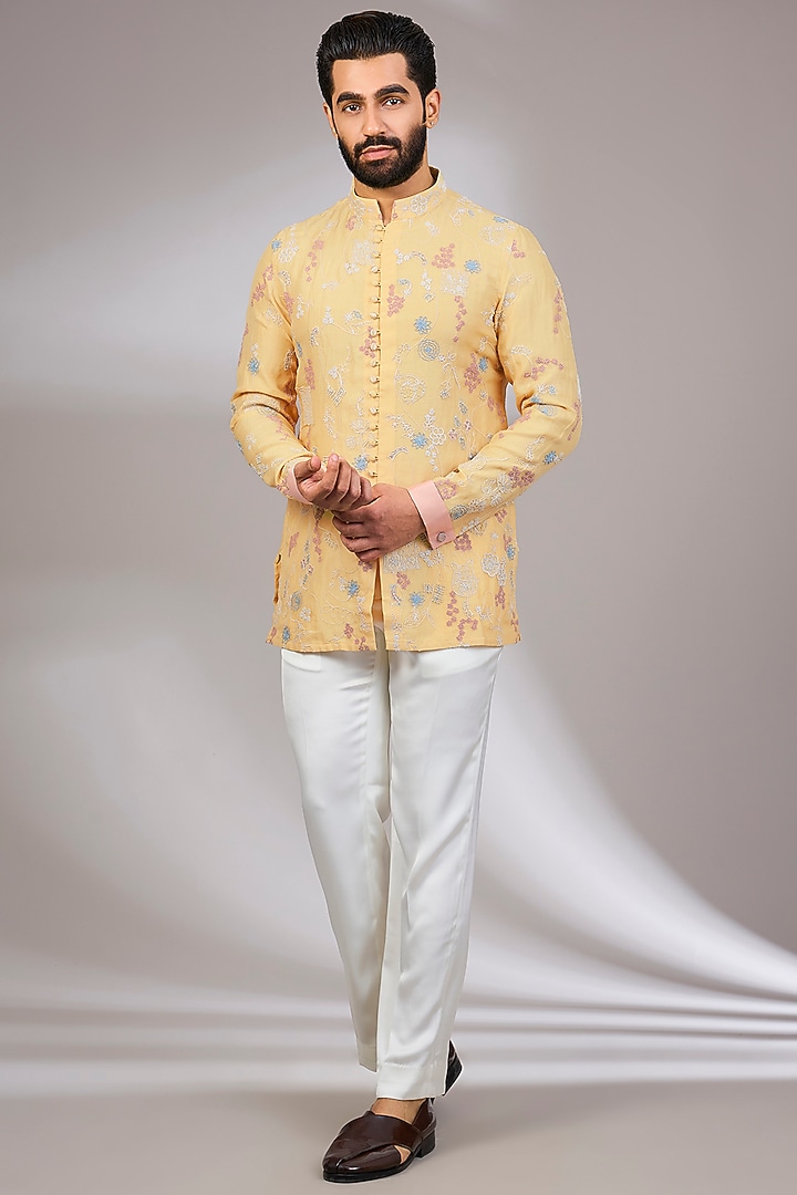 Butter Yellow Georgette & Satin Kurta Set by ARJAN DUGAL at Pernia's Pop Up Shop