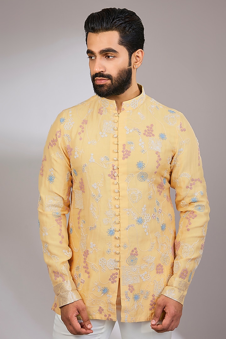 Butter Yellow Georgette & Satin Kurta Set by ARJAN DUGAL at Pernia's Pop Up Shop