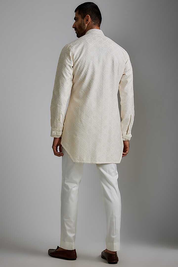 Ivory Chanderi Silk Embroidered Kurta Set by ARJAN DUGAL at Pernia's Pop Up Shop