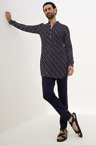 Navy Blue Silk Georgette Hand Embroidered Kurta Set by ARJAN DUGAL