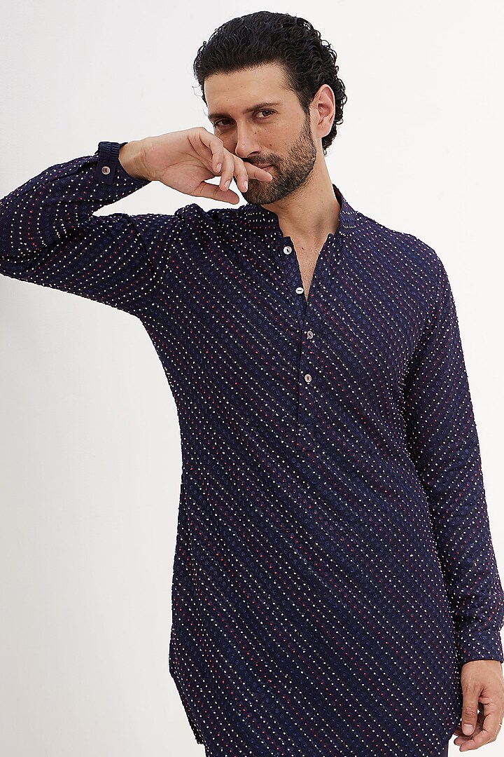 Navy Blue Silk Georgette Hand Embroidered Kurta Set by ARJAN DUGAL at Pernia's Pop Up Shop