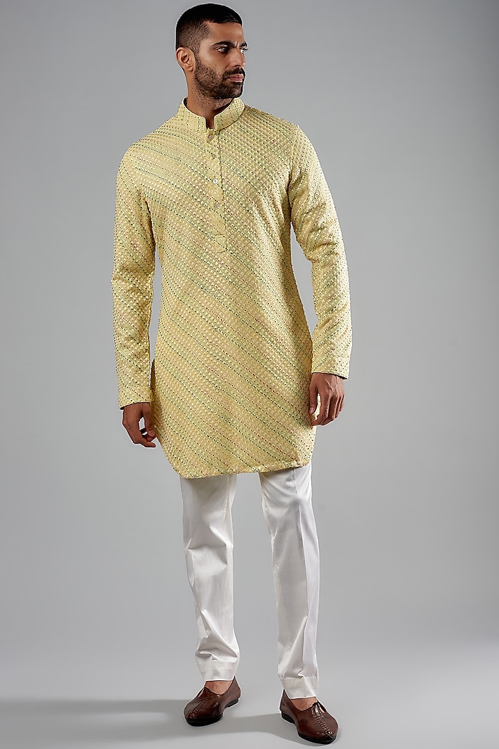 Yellow Silk Georgette Hand Embroidered Kurta Set by ARJAN DUGAL at Pernia's Pop Up Shop