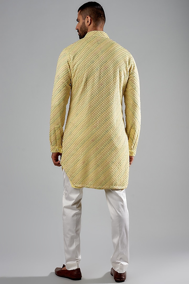 Yellow Silk Georgette Hand Embroidered Kurta Set by ARJAN DUGAL at Pernia's Pop Up Shop