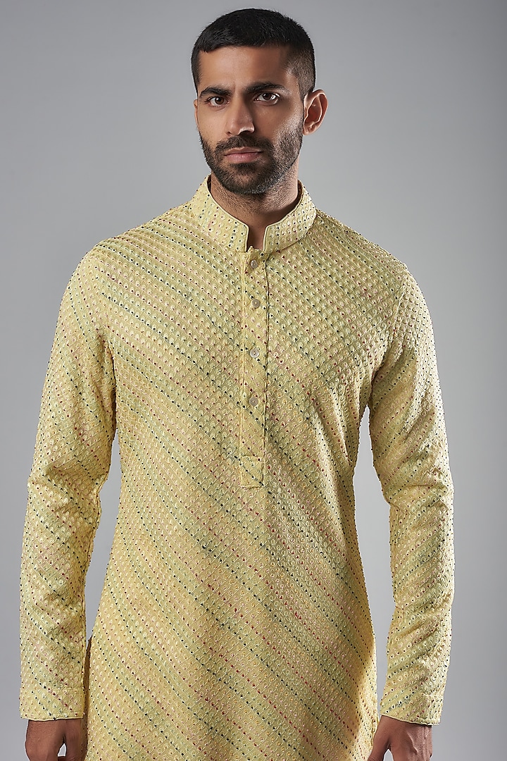 Yellow Silk Georgette Hand Embroidered Kurta Set by ARJAN DUGAL at Pernia's Pop Up Shop