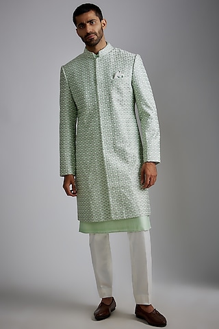 Sea Green Chanderi Silk Embroidered Sherwani Set by ARJAN DUGAL