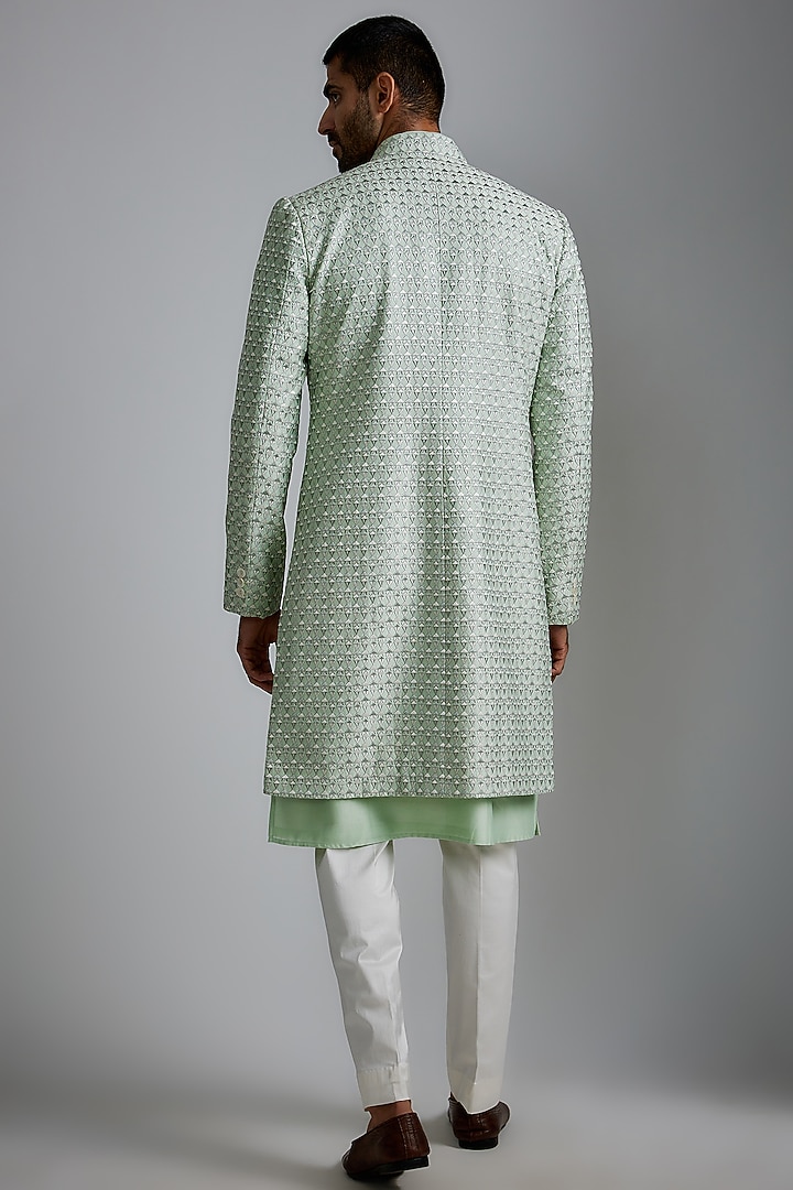 Sea Green Chanderi Silk Embroidered Groom Sherwani Set by ARJAN DUGAL at Pernia's Pop Up Shop