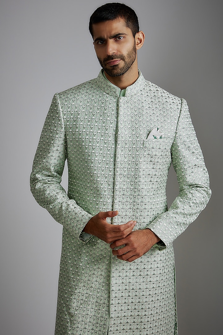Sea Green Chanderi Silk Embroidered Groom Sherwani Set by ARJAN DUGAL at Pernia's Pop Up Shop