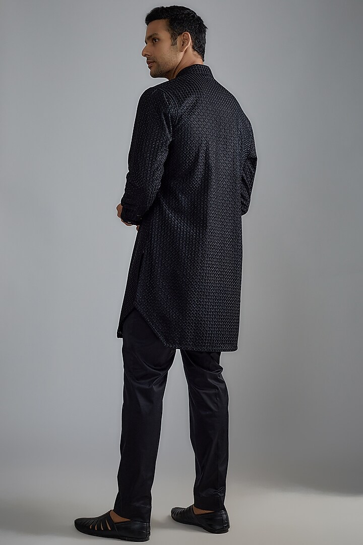Black Chanderi Silk Thread Embroidered Kurta Set by ARJAN DUGAL at Pernia's Pop Up Shop