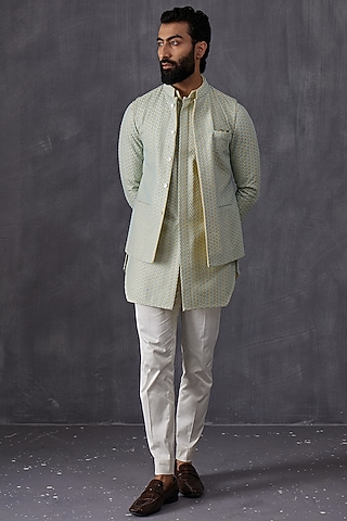Aqua Chanderi Silk Indowestern Set by ARJAN DUGAL