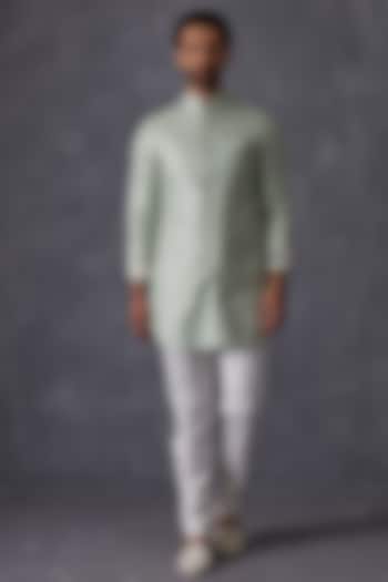 Sage Green Chanderi Silk & Cotton Lycra Bundi Jacket Set by ARJAN DUGAL